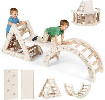 Imagen del producto de Estructura de escalada interior Silecomplaza, con triángulo de escalada, arco de escalada, triángulo de madera y tobogán, incluye rampa de doble cara. Juguete plegable para niños de 3 a 6 años