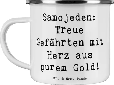 Produktbild von Mr. & Mrs. Panda Emaille Tasse Spruch Samojede Herz - Weiß - Geschenk, Hundeliebhaber, Becher, Hunderassen Pflege, bedingungslose Liebe, Teetasse, Samojeden-Lächeln, Pott