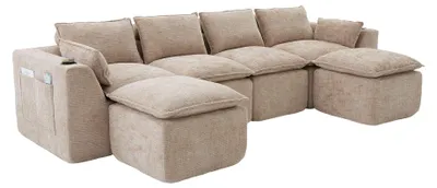Image de Canapé panoramique modulable 4 places kaki en tissu chenille