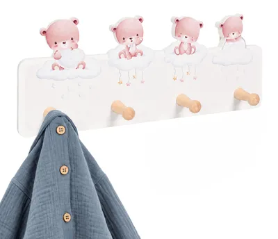 Imagen del producto de Perchero Relaxdays para niños, con 4 ganchos, diseño B, para montaje en pared, fabricado en MDF y madera, ideal para habitaciones infantiles o pasillos, barra para colgar ropa, color gris/marrón, Imagen generada por IA