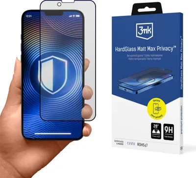 A hand holding a smartphone with a screen protector applied, next to the product packaging.