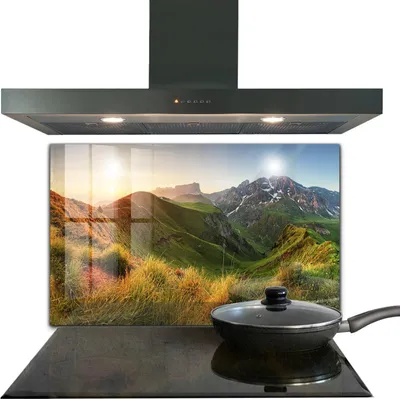 Produktbild von Spritzschutz aus Glas Küchenrückwand - Wandschutz für Herd und Spüle - 100x70 cm - Bergwiese Sonnenaufgang