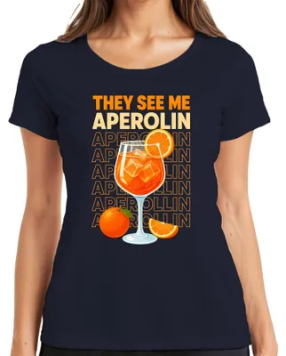 Productafbeelding van "Aperolin Spritz Cocktail Aperitivo Zomer Vrolijk Vrijgezellenfeest Dames T-shirt, Marineblauw, Maat S"
