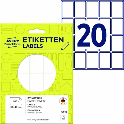 Produktbild von Avery Zweckform 3321, Vielzweck-Etiketten, 32 x 23 mm, 560 Etiketten / 28 Bögen, Weiß