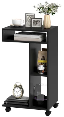 Produktbild von HOMCOM Beistelltisch Couchtisch mit Rollen, Schreibtisch Sofatisch mit 4 Regalen