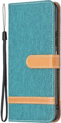 A teal-colored flip phone case with brown leather accents and a wrist strap.