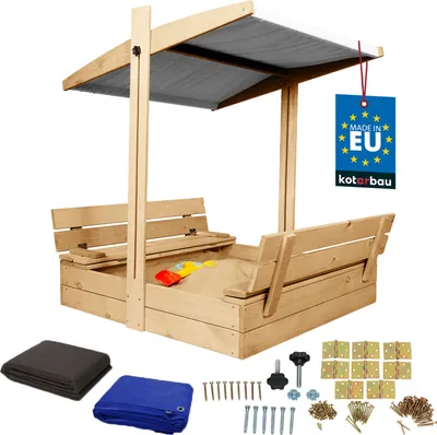 Produktbild von KOTARBAU® Sandkasten mit Abdeckung 100 x 100 cm Großer Naturfarbe Holzsandkasten mit Grau Dach Sandkasten mit Deckel Sandkasten mit Dach Gartenspielzeug Kinder imprägniert verschließbar mit Bänken