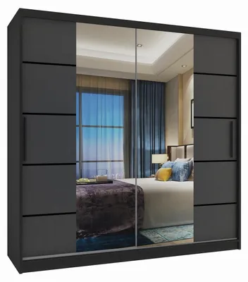 Image de BELINI Verona ME : Armoire coulissante de 200 cm, noire/grise mat - Armoire avec miroir et 2 tiroirs, idéale pour la chambre