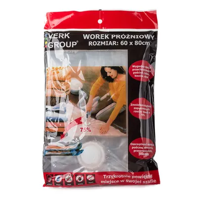 A vacuum storage bag packaging with a woman demonstrating its use.