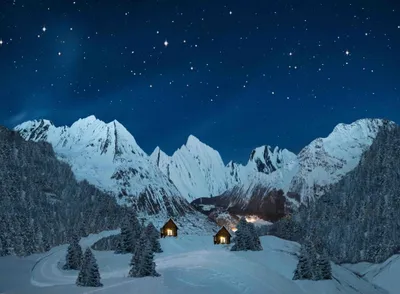 Produktbild von Hintergrund Leinwand 76x56 cm Berglandschaft Nacht für Weihnachtsdorf