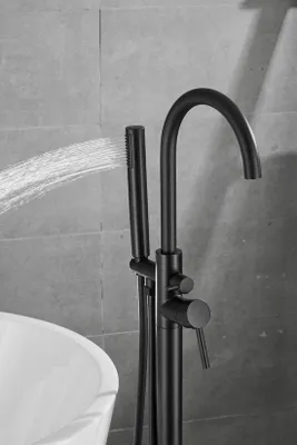 Image de Robinet de baignoire sur pied Unyqoos®, finition noir mat – Mitigeur à levier unique, design ergonomique en forme de cygne, installation facile