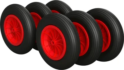 Immagine prodotto di 6 x Ruota in poliuretano Ø 350 mm 3.50-8 cuscinetto a strisciamento ruota di carriola pneumatici a prova di foratura, nero/rosso