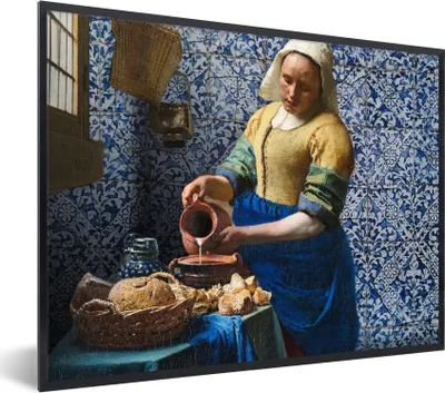 Produktbild von MuchoWow® Gerahmtes Poster Milchmädchen - Delfter Blau - Vermeer - Gemälde - Alte Meister 40x30 cm - Poster mit Schwarzem Bilderrahmen Wandposter Rahmen Foto Bilder - Kunstposter - Wanddekorationen