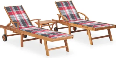Produktbild von Sonnenliegen 2 Stk. mit Tisch und Auflagen Massivholz Teak