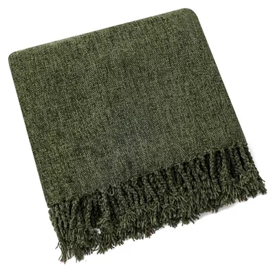 Produktbild von Gemütliche Chenille-Wohndecke im Landhausstil mit Boho-Flair, weich für Couch, Sofa, Sessel und Bett, olivgrün, 127 x 152 cm