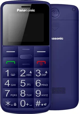 A studio shot of a blue Panasonic mobile phone, shown from the front and the back.