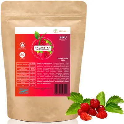 Zdjęcie produktu dla GALARETKA BEZ CUKRU 210g NISKOKALORYCZNA POZIOMKA SANSEI - 30 Porcji FIT KETO bez glutenu, bez tłuszczu, bez węglowodanów tylko 9,5 kcal porcja
