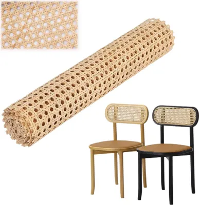 A roll of rattan webbing and two chairs with rattan backings.