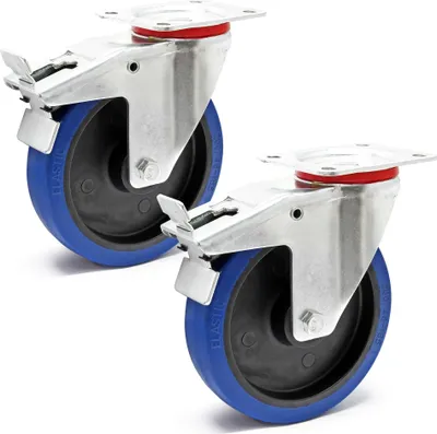 Produktbild von Wiltec Lenkrollen Set 2x Transportrolle Ø200mm bis 350kg pro Rad mit Kunststoffrad, Bremse und Anbauplatte, leiser Lauf, Transportrollen Möbelrollen Laufrollen