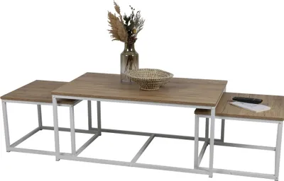 Image de Ensemble 3 tables d'appoint gigognes carrées PUEBLO – Style industriel – Chêne foncé et blanc