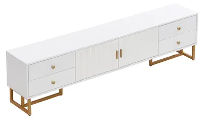 Zdjęcie produktu dla RTV-szafka – szafka pod telewizor – 4 szuflady – 2 drzwi z fakturą – złote uchwyty i złote nóżki – 175 × 30 × 46 cm – biały