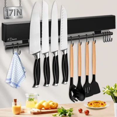 Immagine prodotto di Porta coltelli da 59 cm, con 15 ganci, nero, adesivo, per la cucina
