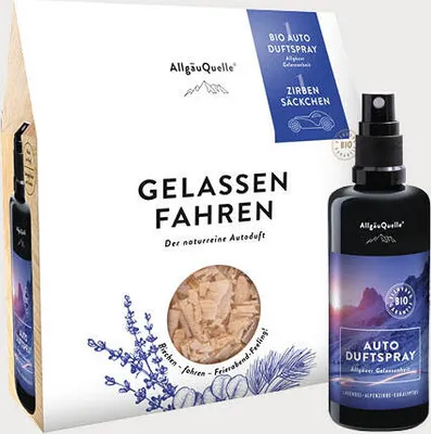 Produktbild von Auto Duftspray Set Gelassenheit mit 1 x 100ml Lavendel, Alpenzirbe und Eukalyptus + Zirben-Säckchen