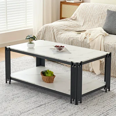 Produktbild von MODFU Couchtisch Sofatisch ischplatte in Marmorierung Beistelltisch mit Metallbeinen Geeignet für Wohnzimmer Schwarz+Weiß