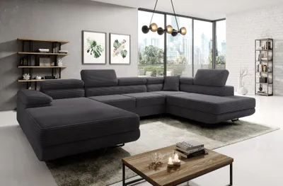 Produktbild von Easy4You Graphite Ecksofa Varberg Kord in U-Form 345 x 72 x 205 cm mit Schlaffunktion und Bettzeugbehälter - Schlafsofa mit Bettkasten - Rechts - Eckcouch mit Stauraum - Stoff: Kord Poso 34