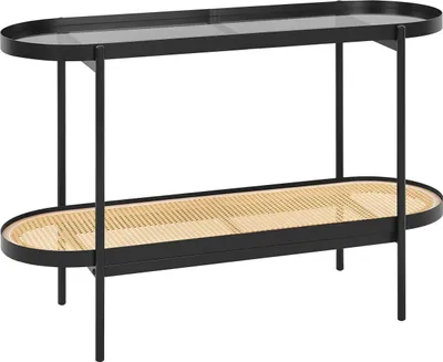 Produktbild von BELIANI Konsolentisch Schwarz / Hellbraun aus Metall mit Glasplatte Rattan Wiener Geflecht Elegant Modernes Design für Wohnzimmer Schlafzimmer Flur