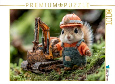 Produktbild von CALVENDO Puzzle Eichhörnchen als Bauarbeiter auf der Baustelle | 1000 Teile Lege-Größe 64x48cm Foto-Puzzle für glückliche Stunden