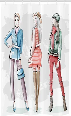 Zdjęcie produktu dla ABAKUHAUS Moda Wąska zasłona prysznicowa, szkic ubrania dla młodych kobiet, zestaw dekoracyjny do łazienki z tkaniny z haczykami, 120 x 180 cm, wielokolorowy