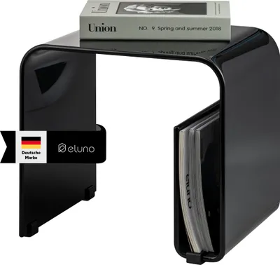 Produktbild von eluno 2in1 Beistelltisch aus schwarz-glänzendem Acryl mit Magazinhalter