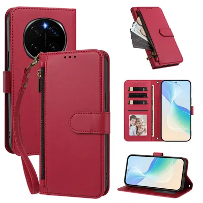 Image de Étui portefeuille pour Honor Magic7 Pro, en cuir PU, avec compartiments pour cartes, support et dragonne. Couleur : rouge