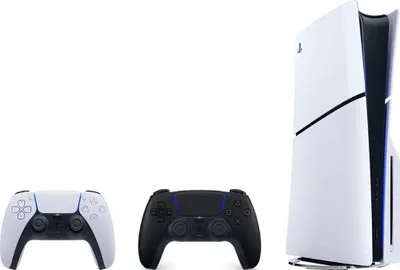 A PlayStation 5 console and two controllers are displayed against a white background.