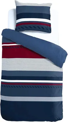 Produktbild von Seersucker Bettwäsche in Navy · 100% Baumwolle · Blau mit Streifenmuster · Leichte Sommerbettwäsche · Pflegeleicht und bügelfrei · Waschbar bis 60°C · 135x200 cm + 80x80 cm