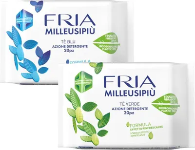 Produktbild von Fria Feuchte Mehrzwecktücher mit Duftformel nach grünem Tee und blauem Tee – 18 Packungen à 20 Tücher