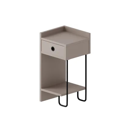 A modern bedside table with a drawer and a shelf, shown against a white background.