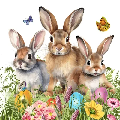 Produktbild von 20 Servietten Easter Hello - Hasenfamilie im Blumenfeld 33x33cm
