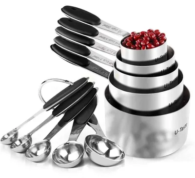 Produktbild von Messbecher und Messlöffel Set 10 Stück Schwarz 18/8 Edelstahl mit verdickten Griffen