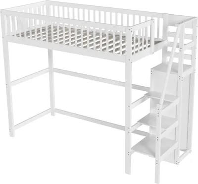Produktbild von Hochbett 90x200 mit Treppe, weißes Kinderbett aus Holz mit Aufbewahrungsregal, einfacher Kleiderschrank