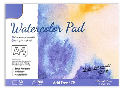 Aquarellpapierblock 200 g, 30 Blatt, Baumwolle, A4, mittlere Körnung
