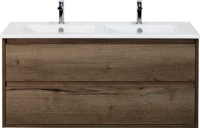 Produktbild von Sanox Badmöbel-Set Porto BxHxT 121 x 57 x 51 cm Frontfarbe tabacco mit Doppel-Waschtisch Keramik weiß Griff chrom 847192