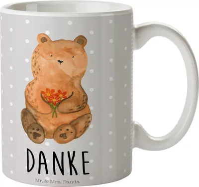 Produktbild von Mr. & Mrs. Panda Tasse Bär Dankbar - Grau Pastell - Geschenk, Bedruckte, Danke, Teddy, Kaffeebecher, Kaffeetasse, haferl, Becher, Dankeschön, Blumen