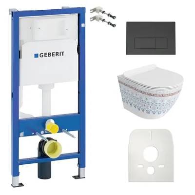 Produktbild von DOMINO  Geberit Duofix Basic Vorwandelement + Wand-WC Tiefspül Sofi Slim Becken Folklor Spülrandlos + Schwarze Bedienplatte Delta 25 für Doppelspülung