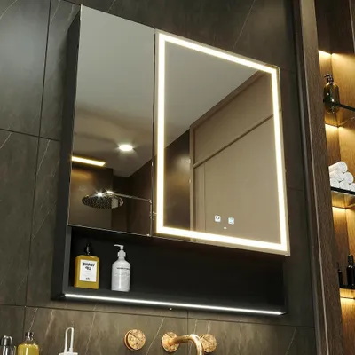 Immagine prodotto di Armadietto a specchio con illuminazione a LED per il bagno - Mobiletto per medicinali - Specchio da bagno - Mobiletto contenitore - Specchio illuminato