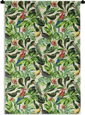 Produktbild von MuchoWow® Wandteppich Wandbehang Hibiskus - Blumen - Vögel 60x90 cm Tapisserie Dekoration Wandtuch - Foto-Teppich - Abwaschbar
