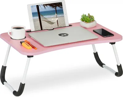 Image de Tablette d'ordinateur portable - Pliable - Support pour tablette et porte-gobelet - Table de lit - 26 x 63 x 40 cm - Rose - Blanc