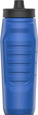 A blue water bottle with a black lid against a white background.