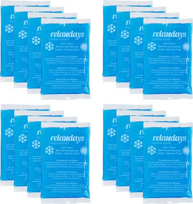 Produktbild von Relaxdays Kühlpads, 16er Set, Kalt-Warm-Kompressen, 9 x 15 cm, Kühlpacks Gel, wiederverwendbare Gelkühlkompressen, blau